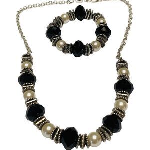 Vintage Elegant White Faux Pearl Black Sparkly Crystal Necklace Bracelet Set